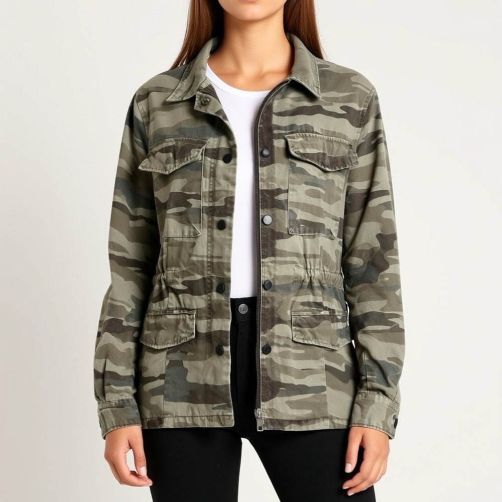 A.N.A Army Green Camouflage Jacket Women’s Large Zip Front Pockets Casual